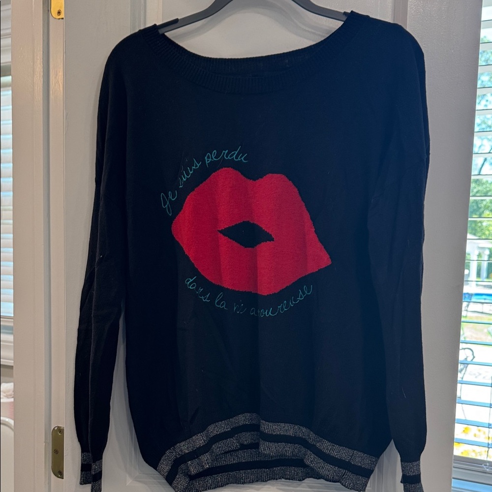 Chaser Black Sweater with Red Lips Design
